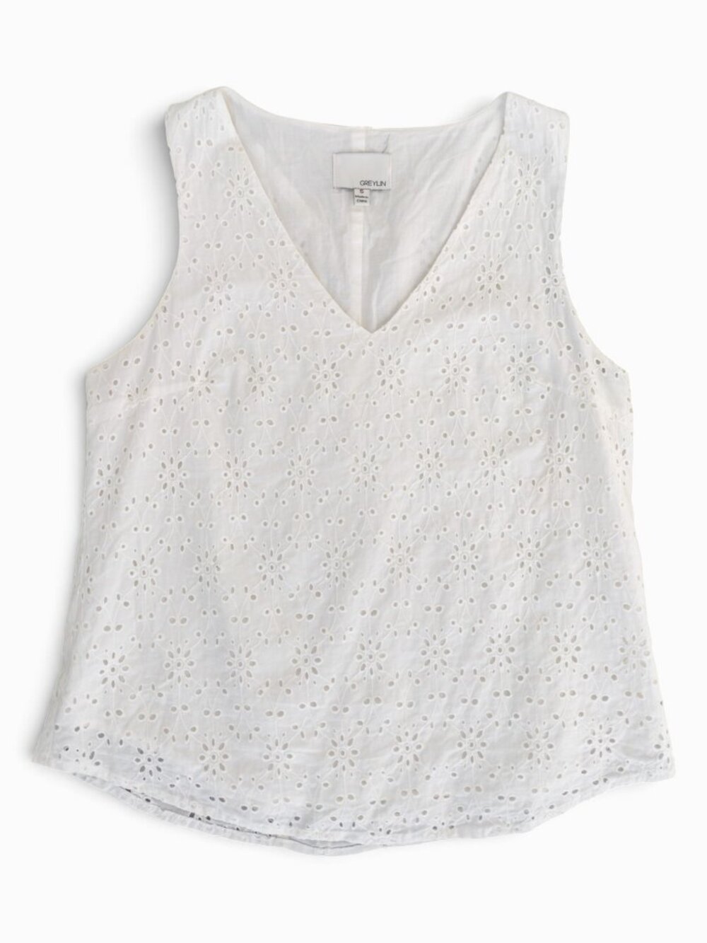 Greylin Caprice Eyelet V-Neck Top, White Cotton, Sz S